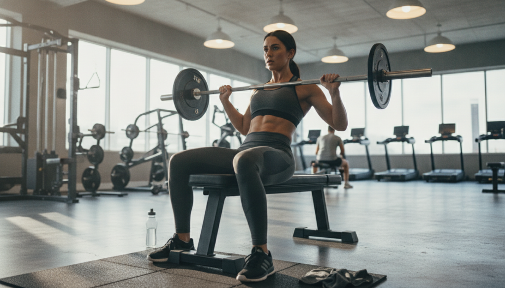 A person performing a glute exercise demonstrating strength and focus in a gym or home workout setting