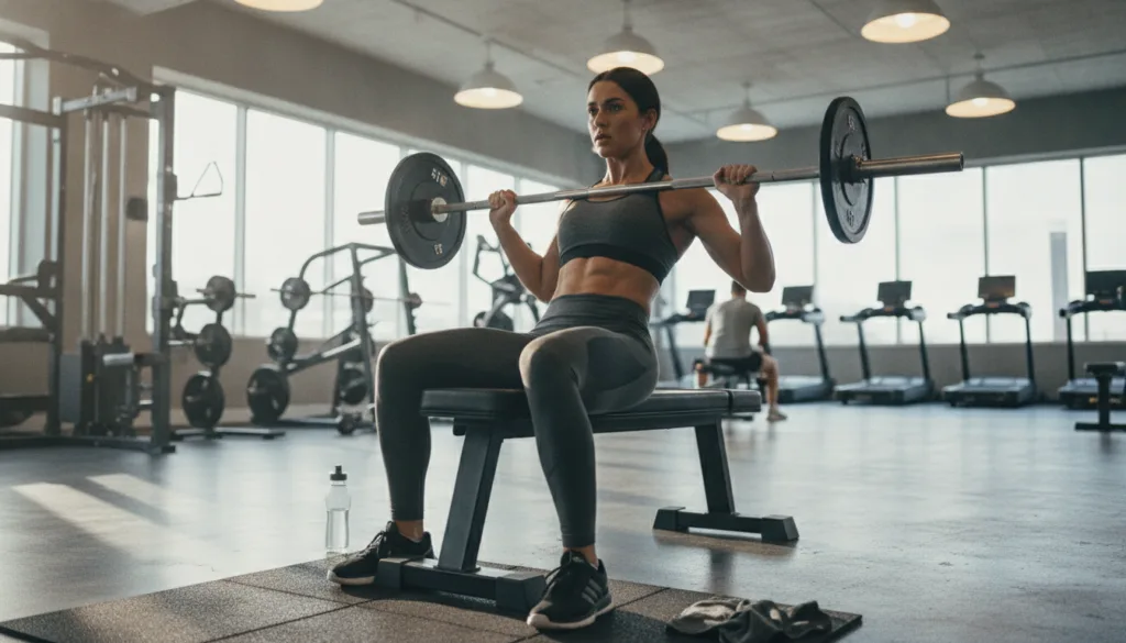 A person performing a glute exercise demonstrating strength and focus in a gym or home workout setting