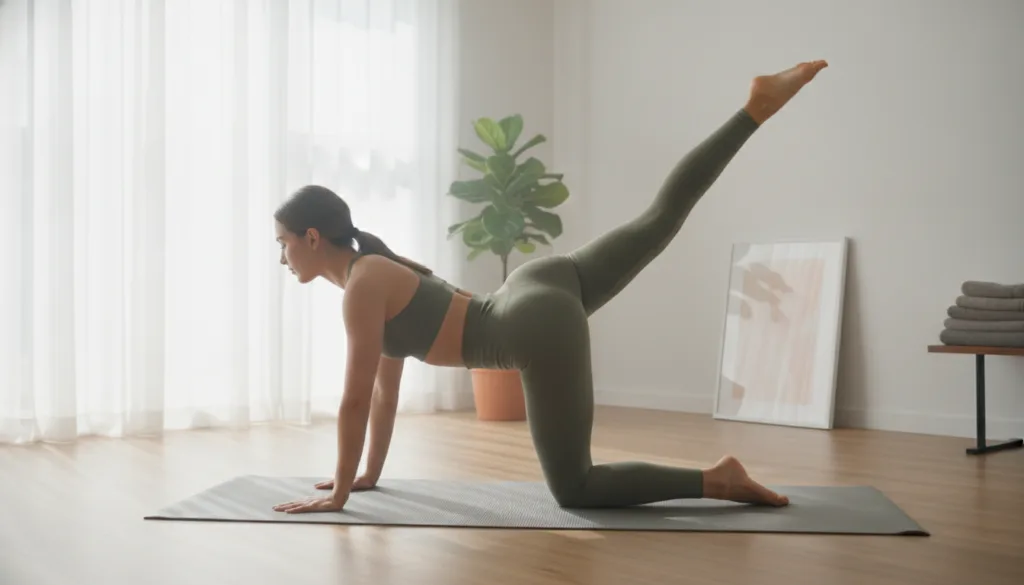 A person demonstrating a kneeling leg lift exercise on a yoga mat