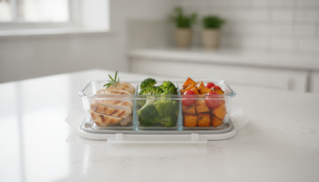 A balanced and healthy meal prep container with lean protein colorful vegetables and a complex carbohydrate portion