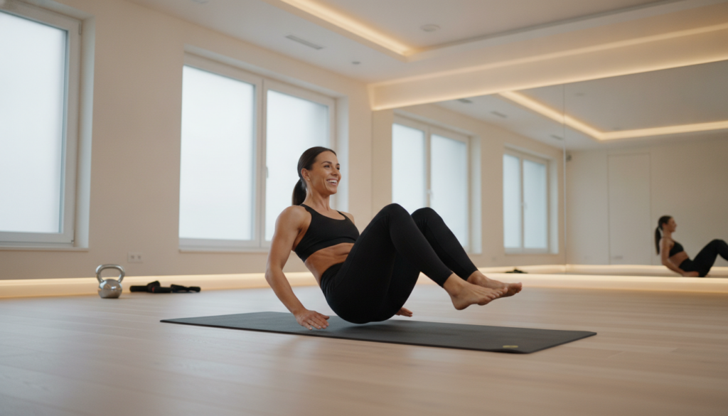 A person demonstrating a reverse crunch exercise on a yoga mat highlighting core engagement and proper form