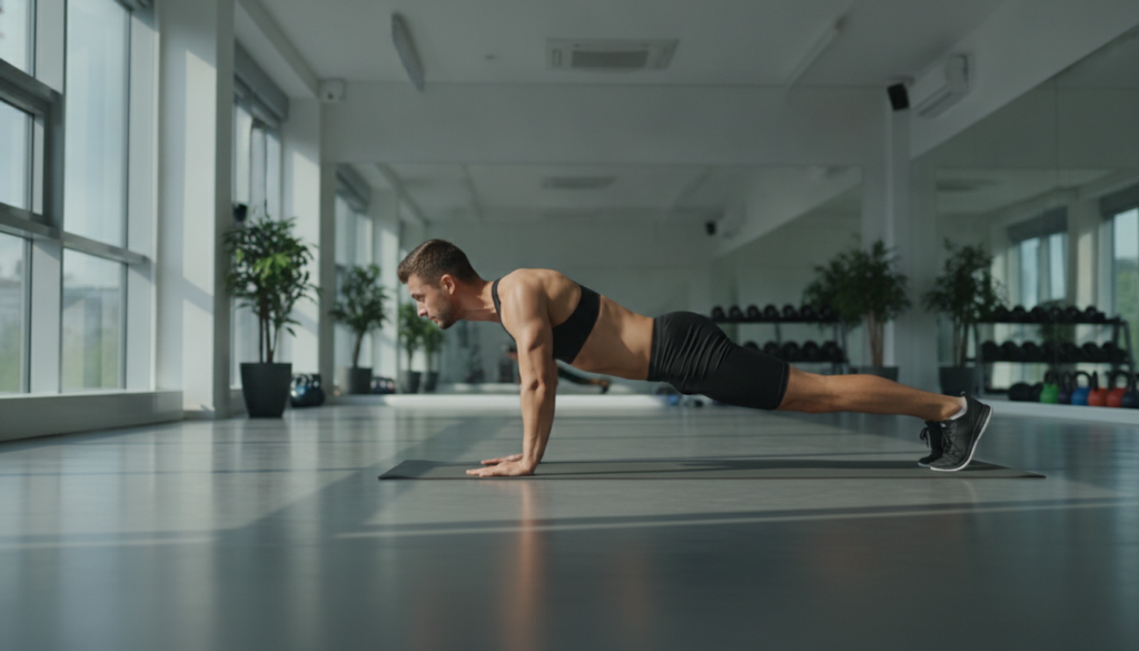 A person performing a plank exercise with good form demonstrating core engagement in a home gym or fitness studio settin