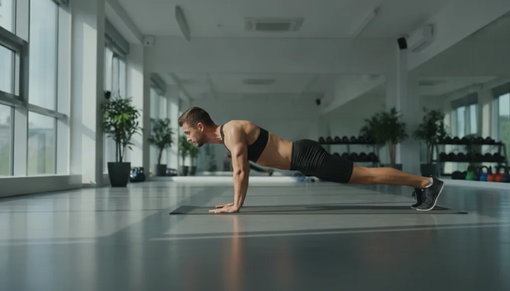 A person performing a plank exercise with good form demonstrating core engagement in a home gym or fitness studio settin