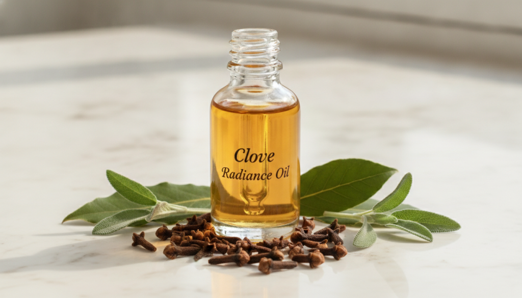 A small glass dropper bottle filled with a golden oil with a label indicating Clove Radiance Oil or similar surrounded b