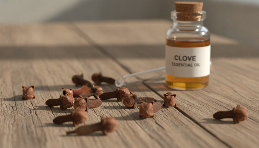 A close-up shot of whole dried cloves on a rustic wooden surface with a small glass dropper bottle of essential oil in t