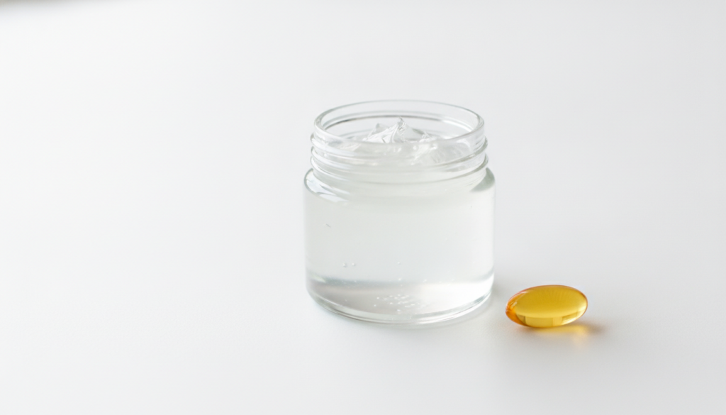 A jar of Vaseline petroleum jelly next to a single golden Vitamin E capsule on a clean light surface