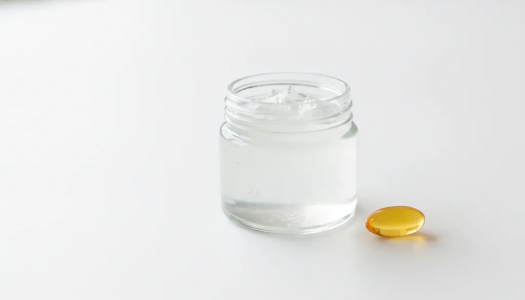 A jar of Vaseline petroleum jelly next to a single golden Vitamin E capsule on a clean light surface