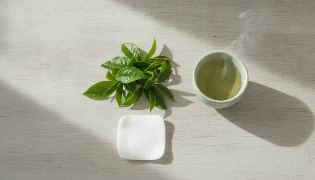 A serene flat lay of fresh green tea leaves a small cup of brewed green tea and a gentle facial cotton pad suggesting a 