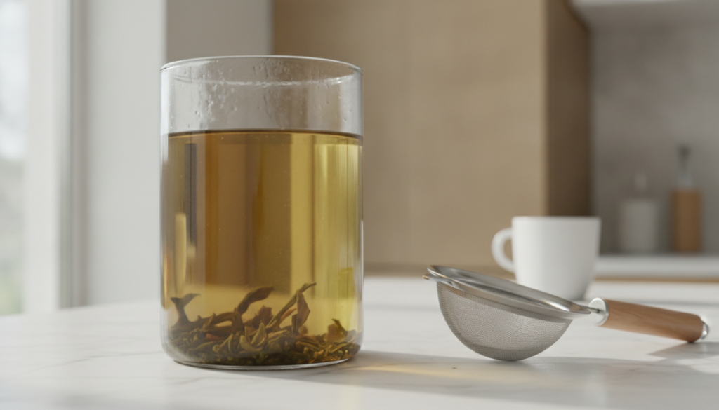 A close-up of a glass jar containing brewed green tea with some green tea leaves visible at the bottom and a filter or s