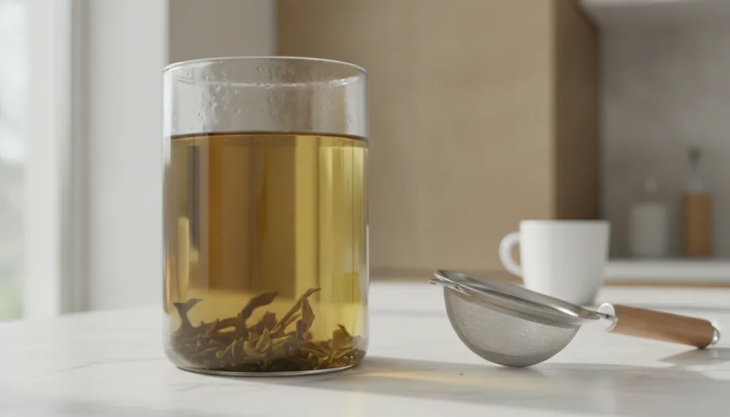 A close-up of a glass jar containing brewed green tea with some green tea leaves visible at the bottom and a filter or s