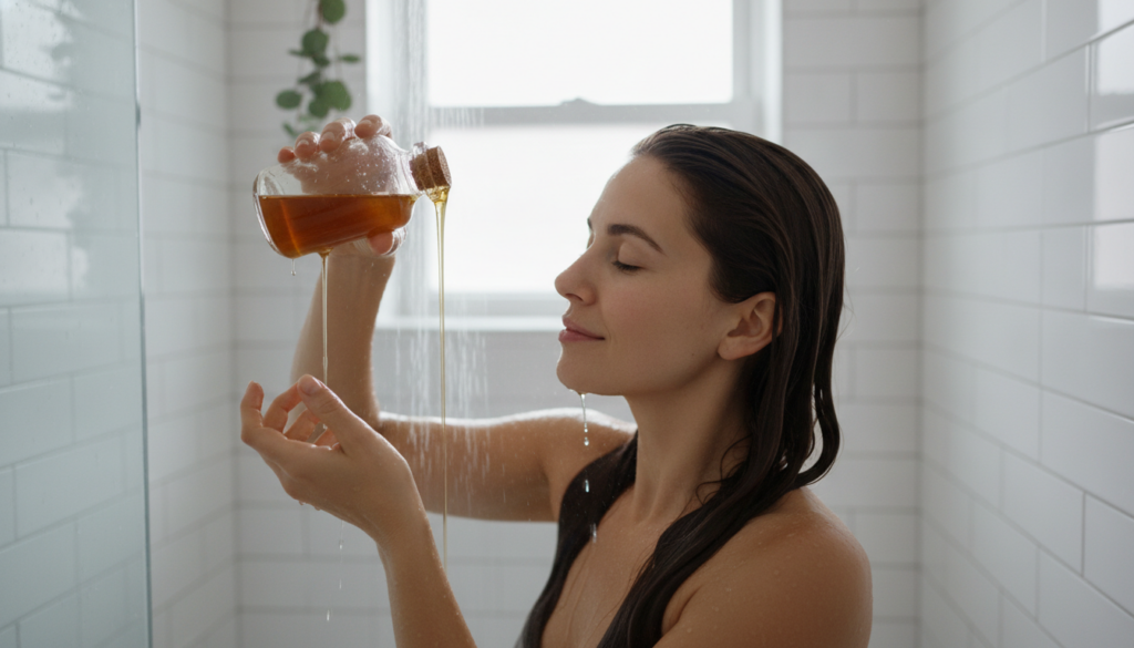 A woman gently pouring a clear light amber liquid fenugreek rinse over her hair in the shower