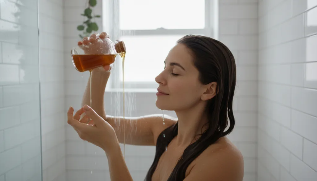 A woman gently pouring a clear light amber liquid fenugreek rinse over her hair in the shower