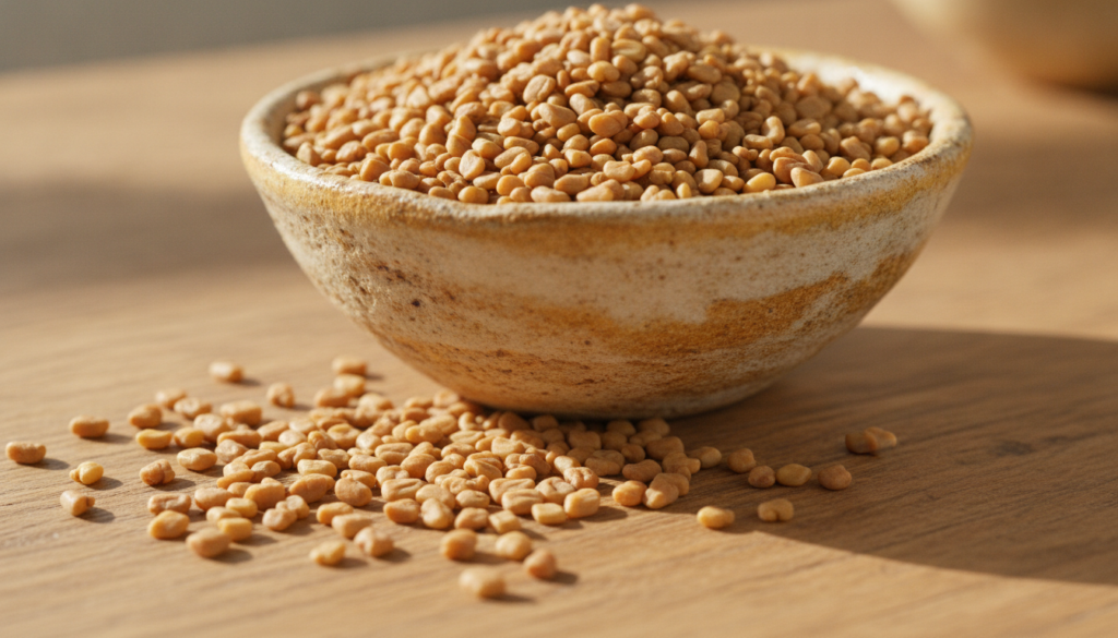 A close-up of fenugreek seeds in a small bowl with some seeds scattered around on a wooden surface