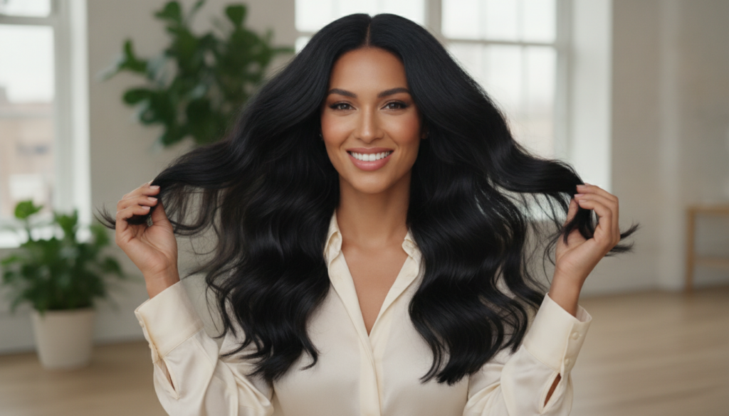 A woman smiling and running her fingers through her visibly thicker shiny hair looking confident and happy