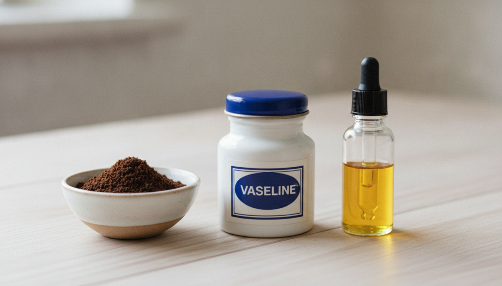A still life composition showing a jar of Vaseline a bowl of coffee grounds and a small bottle of Vitamin E oil suggesti