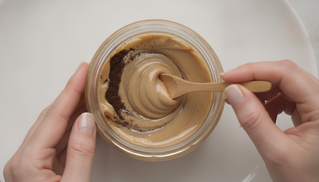 Close-up shot of a small glass jar filled with a homemade Vaseline and coffee blend with a tiny wooden spoon for mixing
