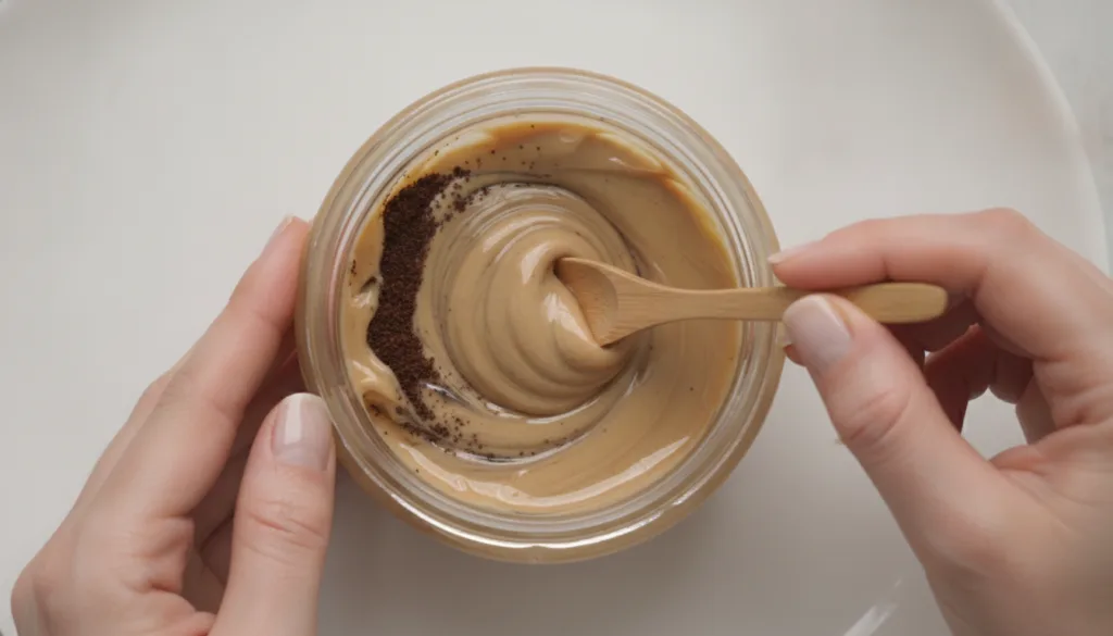 Close-up shot of a small glass jar filled with a homemade Vaseline and coffee blend with a tiny wooden spoon for mixing