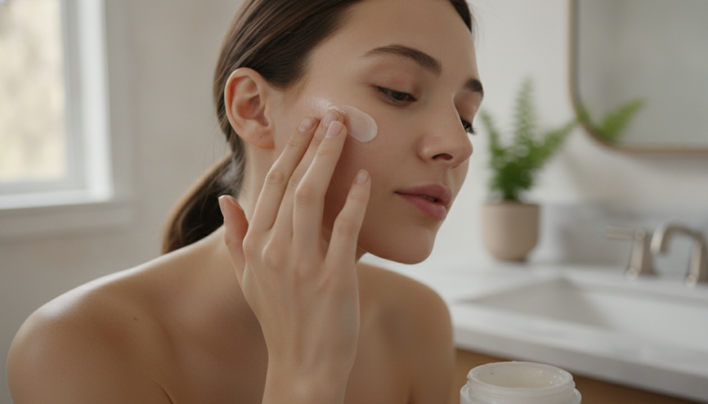 A woman gently applying a homemade Vaseline beauty blend to her cheek with her fingertips