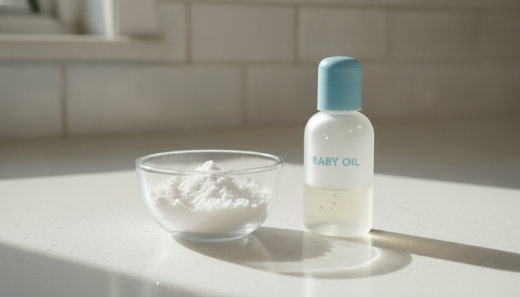A small bowl with crushed white pills aspirin or vitamin C next to a bottle of baby oil and a small spoon ready for mixi
