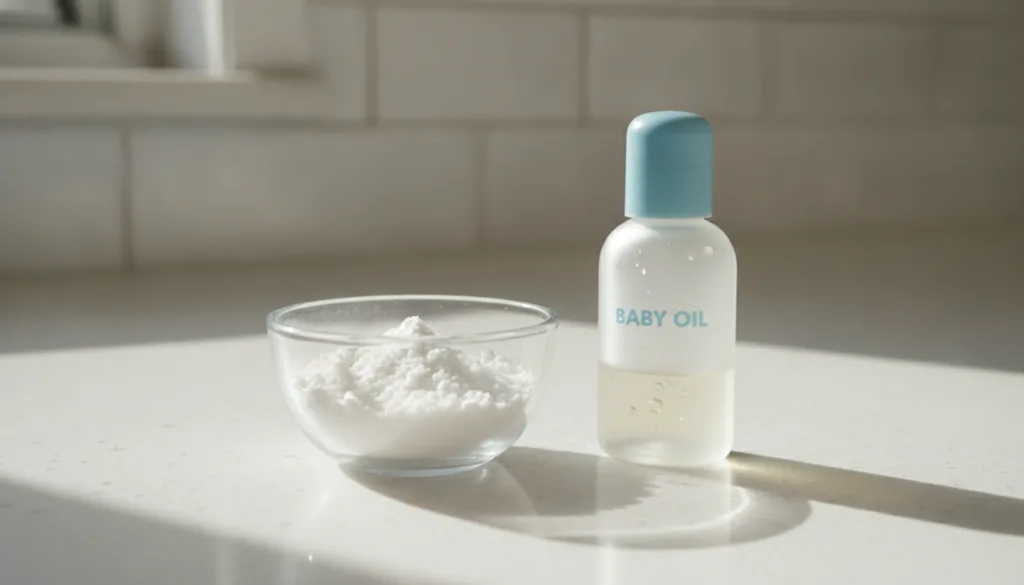 A small bowl with crushed white pills aspirin or vitamin C next to a bottle of baby oil and a small spoon ready for mixi