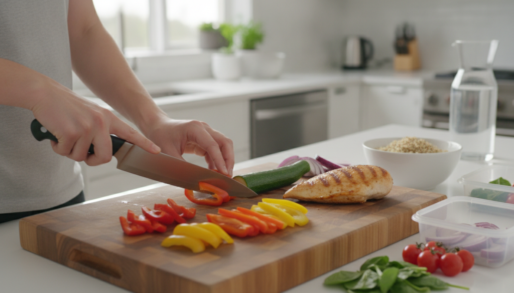 A person preparing a healthy protein-rich meal in a modern kitchen with colorful vegetables and lean meat visible on a c