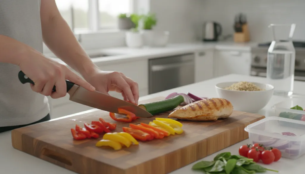 A person preparing a healthy protein-rich meal in a modern kitchen with colorful vegetables and lean meat visible on a c