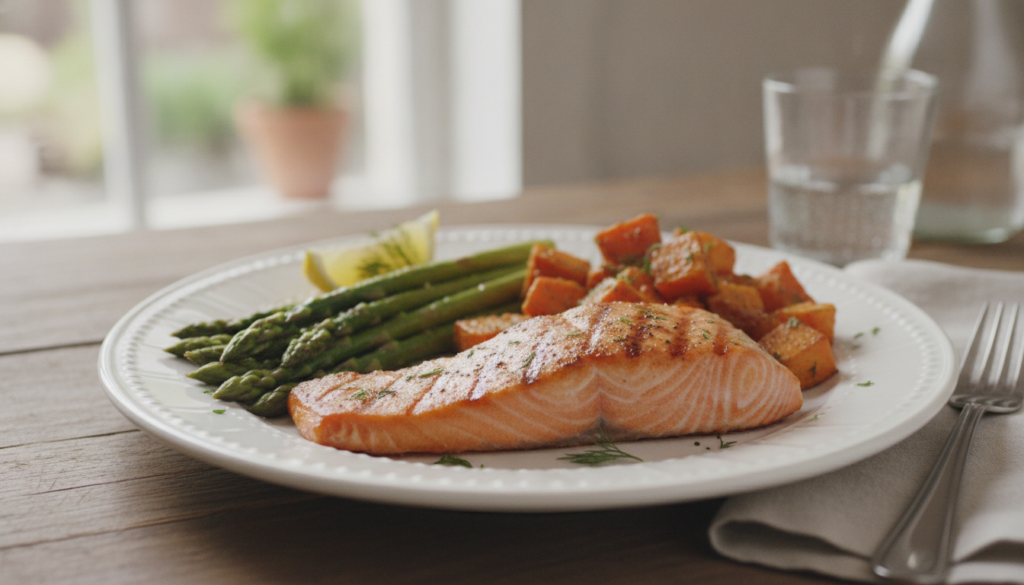 A nutritious meal focused on protein complex carbs and healthy fats such as grilled chicken quinoa and avocado to emphas