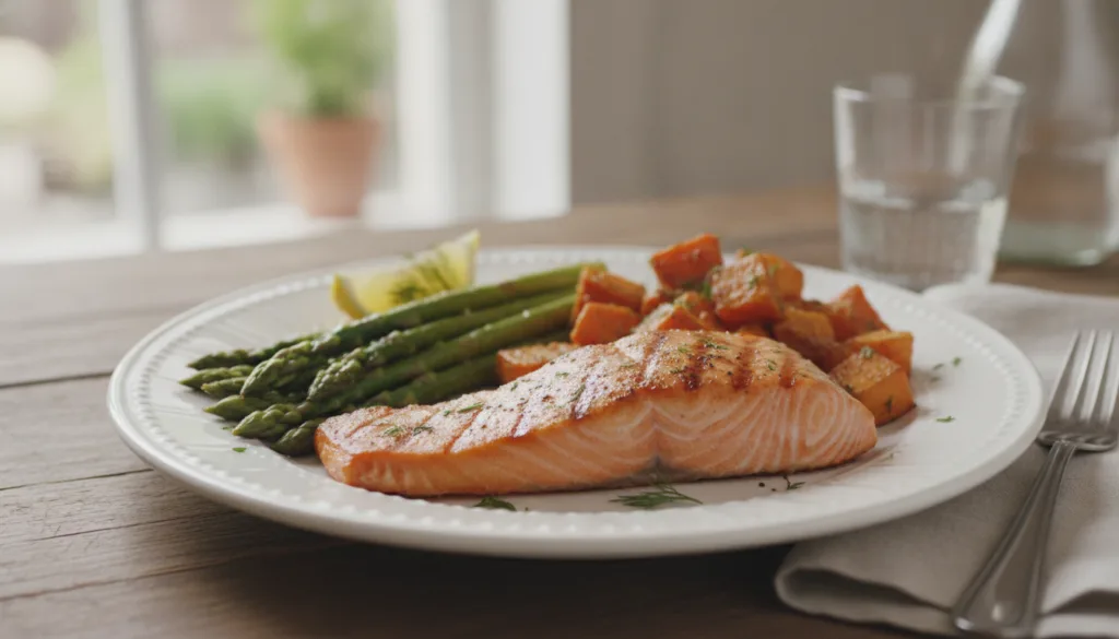 A nutritious meal focused on protein complex carbs and healthy fats such as grilled chicken quinoa and avocado to emphas