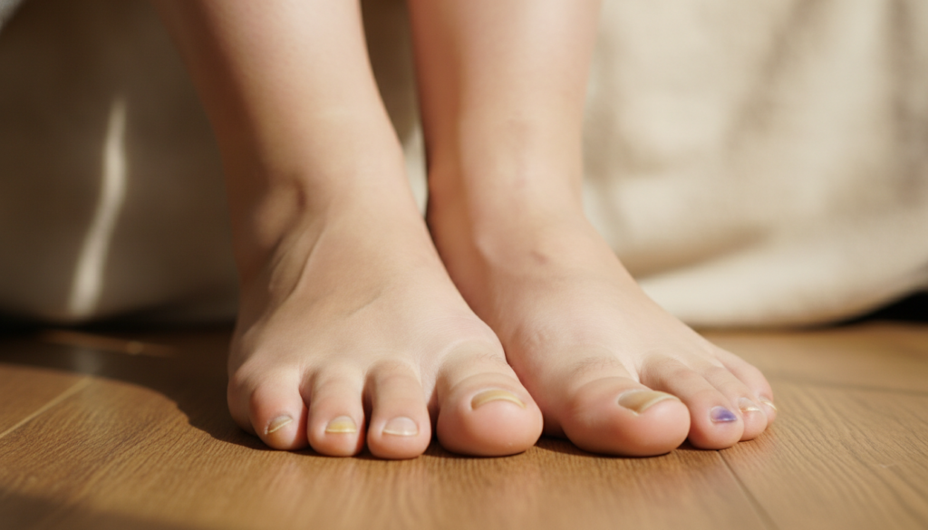 A pair of human feet with various subtle health indicators highlighted or pointed out such as dry skin discolored nails