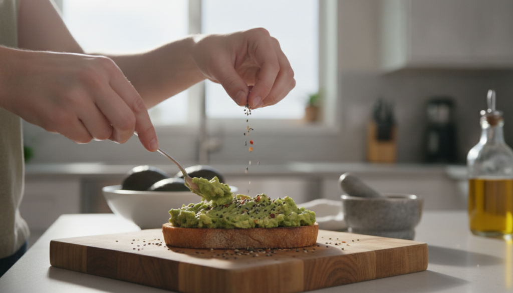 A person preparing a healthy pre-workout snack such as avocado toast or oatmeal with fruit in a modern kitchen with natu