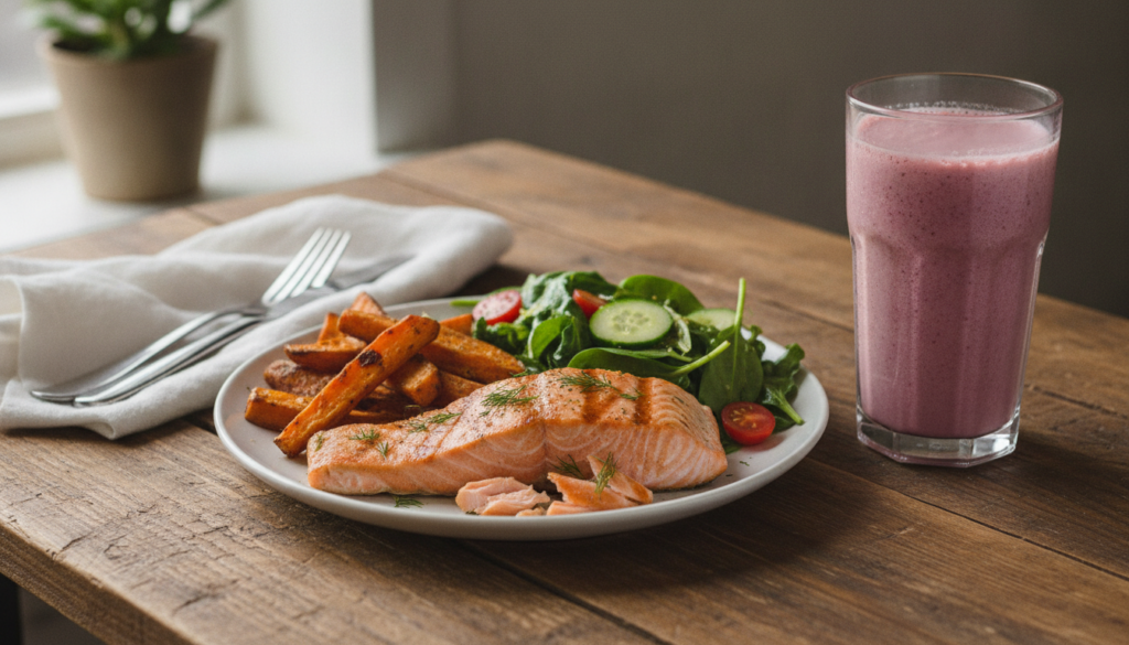 A vibrant healthy post-workout meal spread on a table including a grilled chicken breast with roasted vegetables a prote
