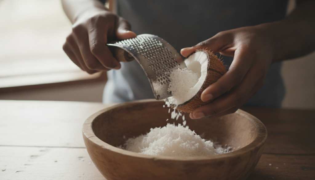 A close-up shot of hands grating coconut flesh using a traditional hand grater over a bowl