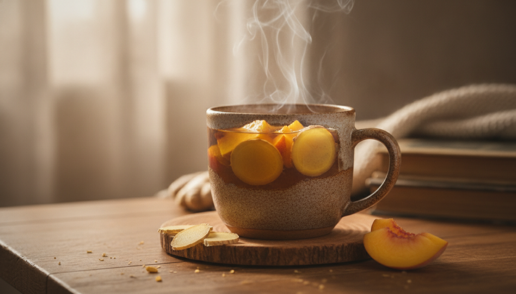A steaming mug of ginger peach brew with ginger slices and peach pieces visible on a cozy wooden surface