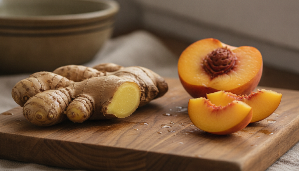 Close-up of fresh ginger root and a sliced ripe peach on a wooden cutting board