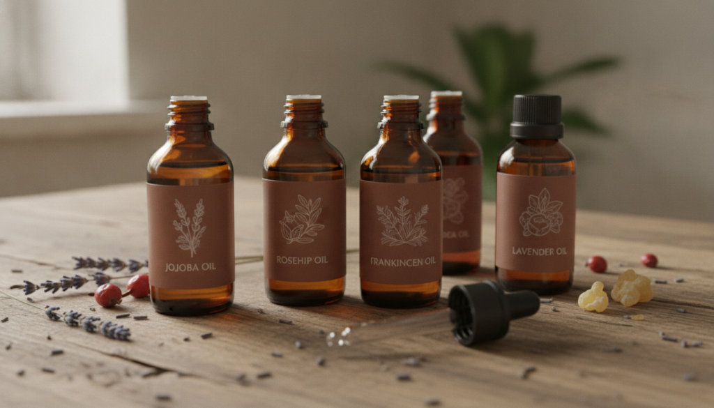 Various small amber glass bottles of natural oils and essential oils jojoba rosehip frankincense lavender arranged aesth