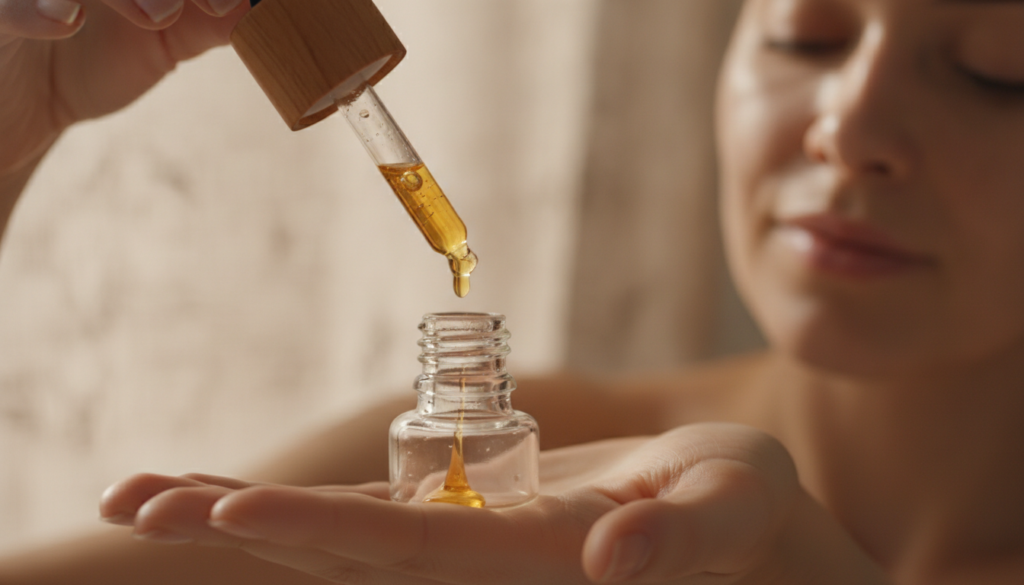 A close-up of a glass dropper bottle filled with golden oil with a few drops being dispensed onto a woman s fingertips r