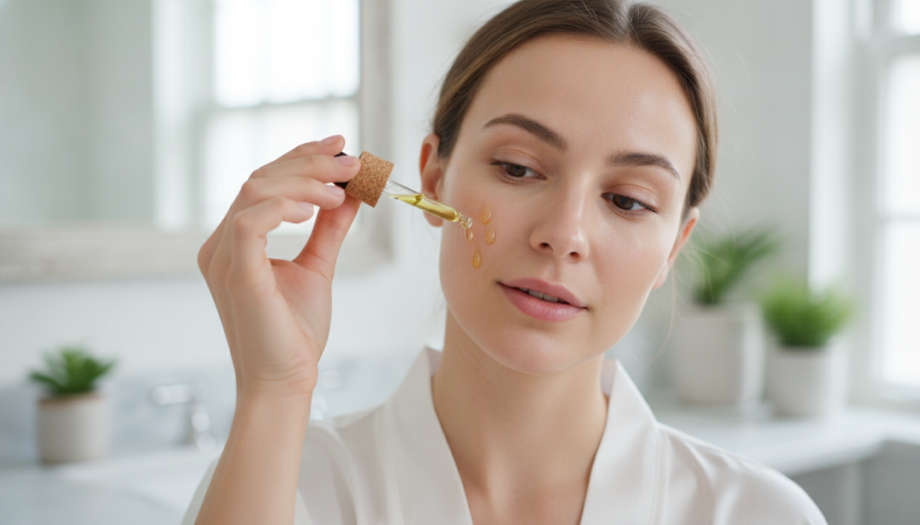 A woman gently applying a homemade anti-aging oil to her face with a dropper in a bright natural light setting Her skin 