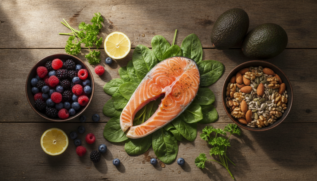 A variety of healthy fresh ingredients like spinach salmon berries and nuts laid out on a wooden table suggesting meal p