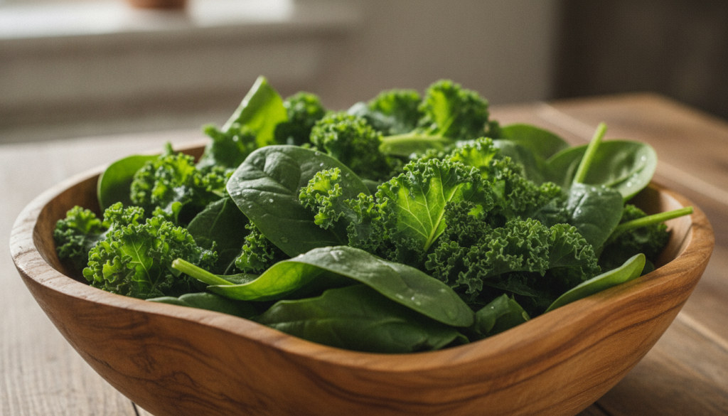 A close-up of fresh vibrant leafy greens like spinach and kale in a wooden bowl ready for cooking or a salad