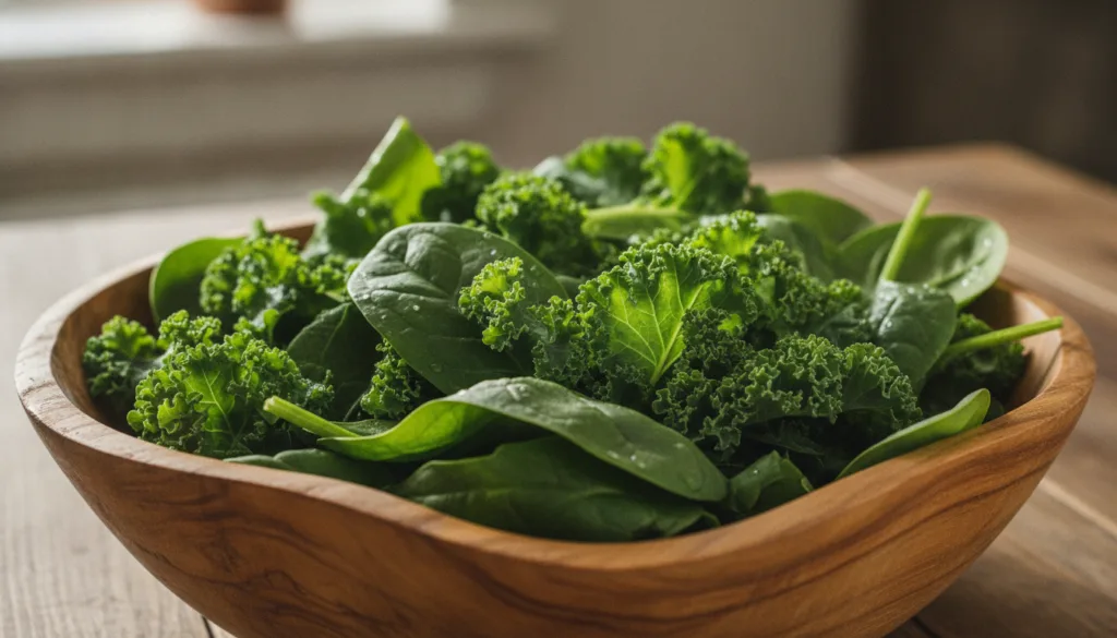 A close-up of fresh vibrant leafy greens like spinach and kale in a wooden bowl ready for cooking or a salad