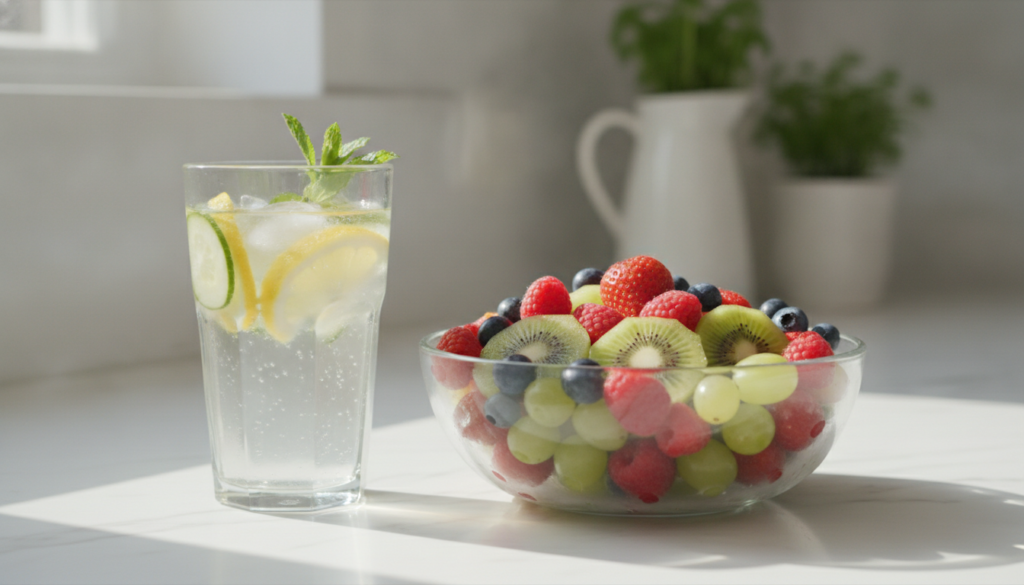 A bowl of colorful fruit salad with berries kiwi and grapes next to a glass of fruit-infused water