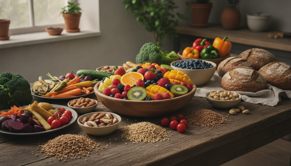 A vibrant spread of various healthy foods like fruits vegetables nuts and whole grains arranged beautifully on a rustic