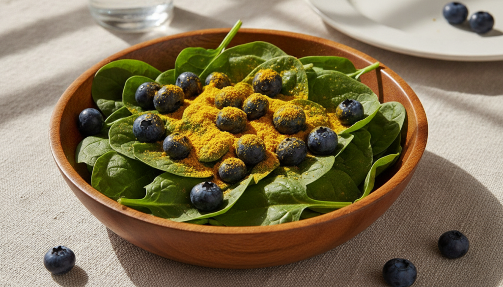 A bowl of colorful healthy ingredients beneficial for pancreatic health such as blueberries spinach and a sprinkle of tu