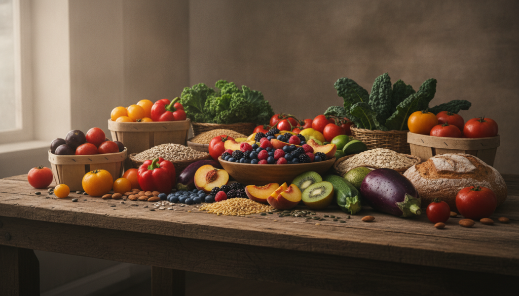 A vibrant colorful spread of fresh healthy foods like fruits vegetables and whole grains on a rustic wooden table embody