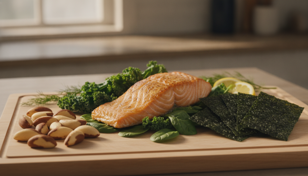 A selection of foods beneficial for thyroid health including Brazil nuts seaweed snacks salmon and leafy greens arranged