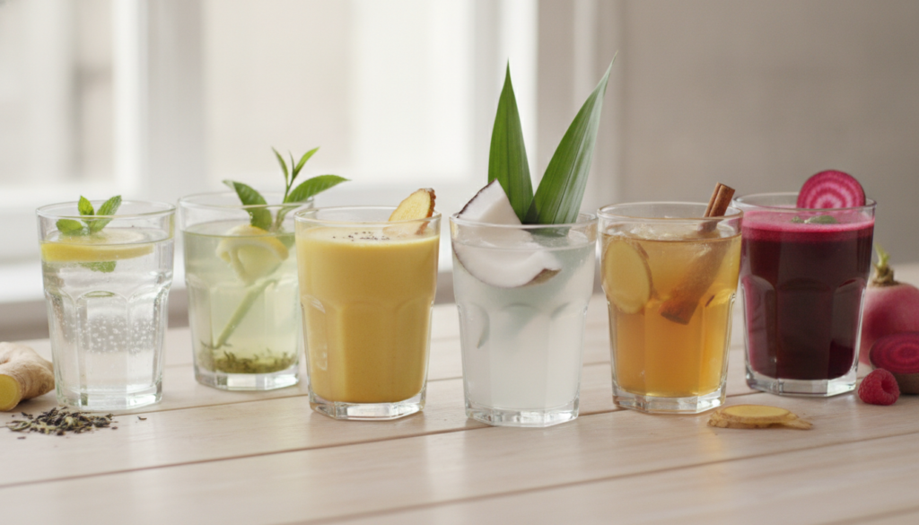 A vibrant assortment of the six natural drinks Pure Water Green Tea Turmeric Milk Coconut Water Ginger Tea Beetroot Juic