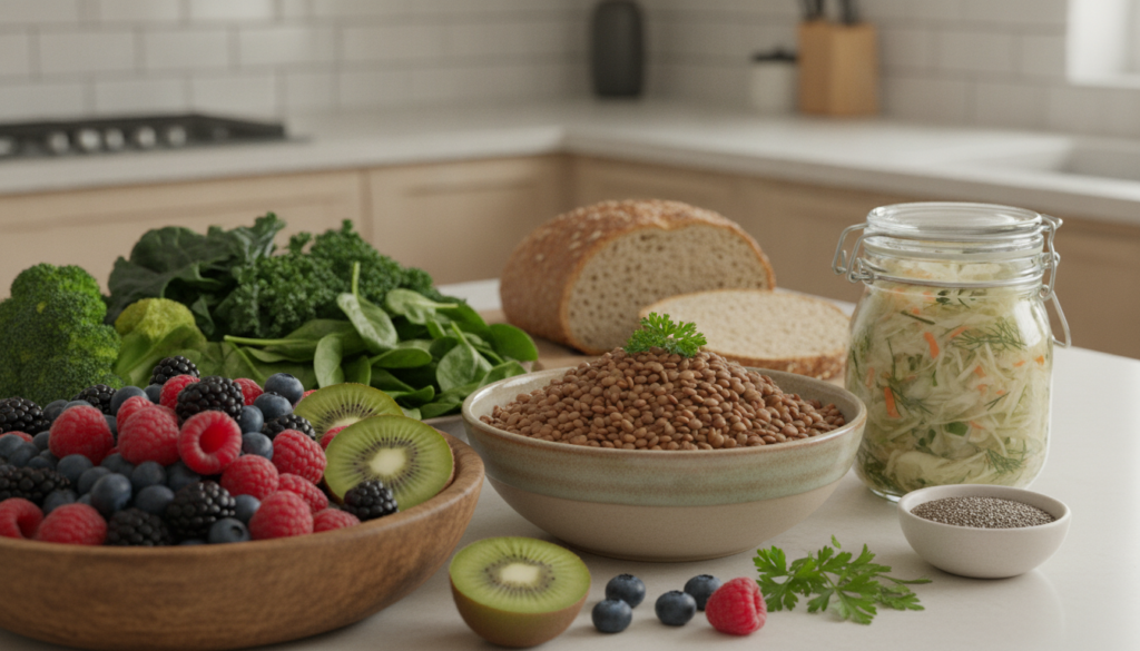 A vibrant array of high-fiber foods and fermented items like berries leafy greens a bowl of lentils and a jar of sauerkr