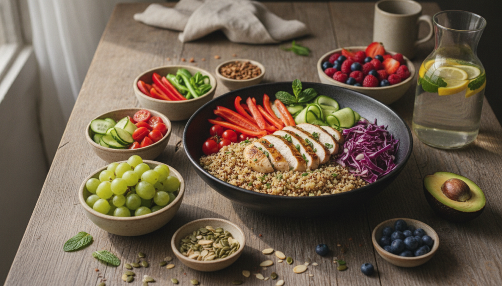 A vibrant healthy meal spread on a wooden table featuring fresh vegetables fruits whole grains and lean protein suggesti