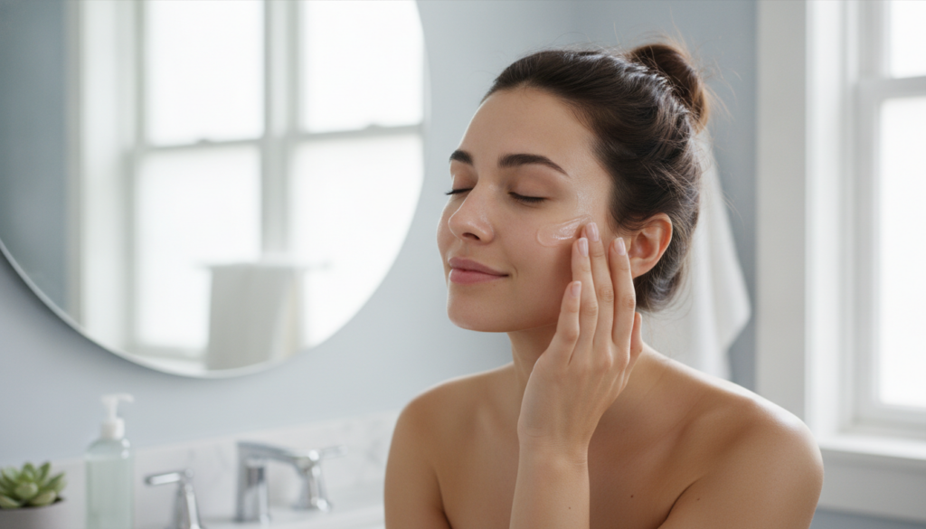 A woman gently applying the translucent Cloud Gel to her clean face showing its smooth texture as she massages it into h