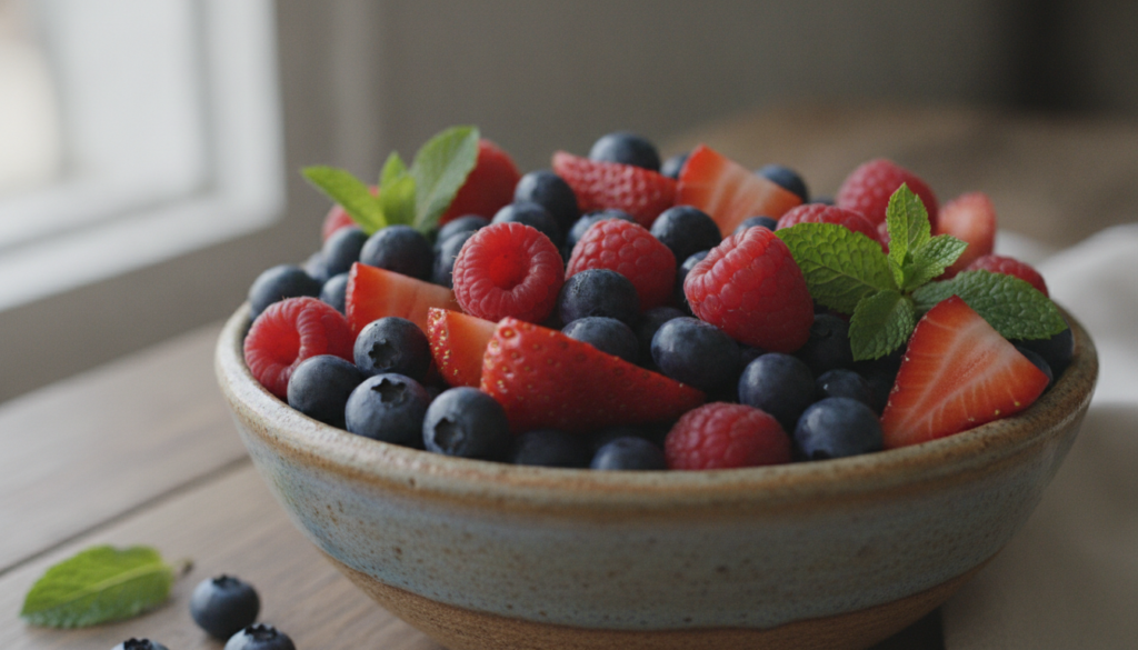 A close-up of a bowl filled with a variety of fresh ripe berries like blueberries raspberries and strawberries with some